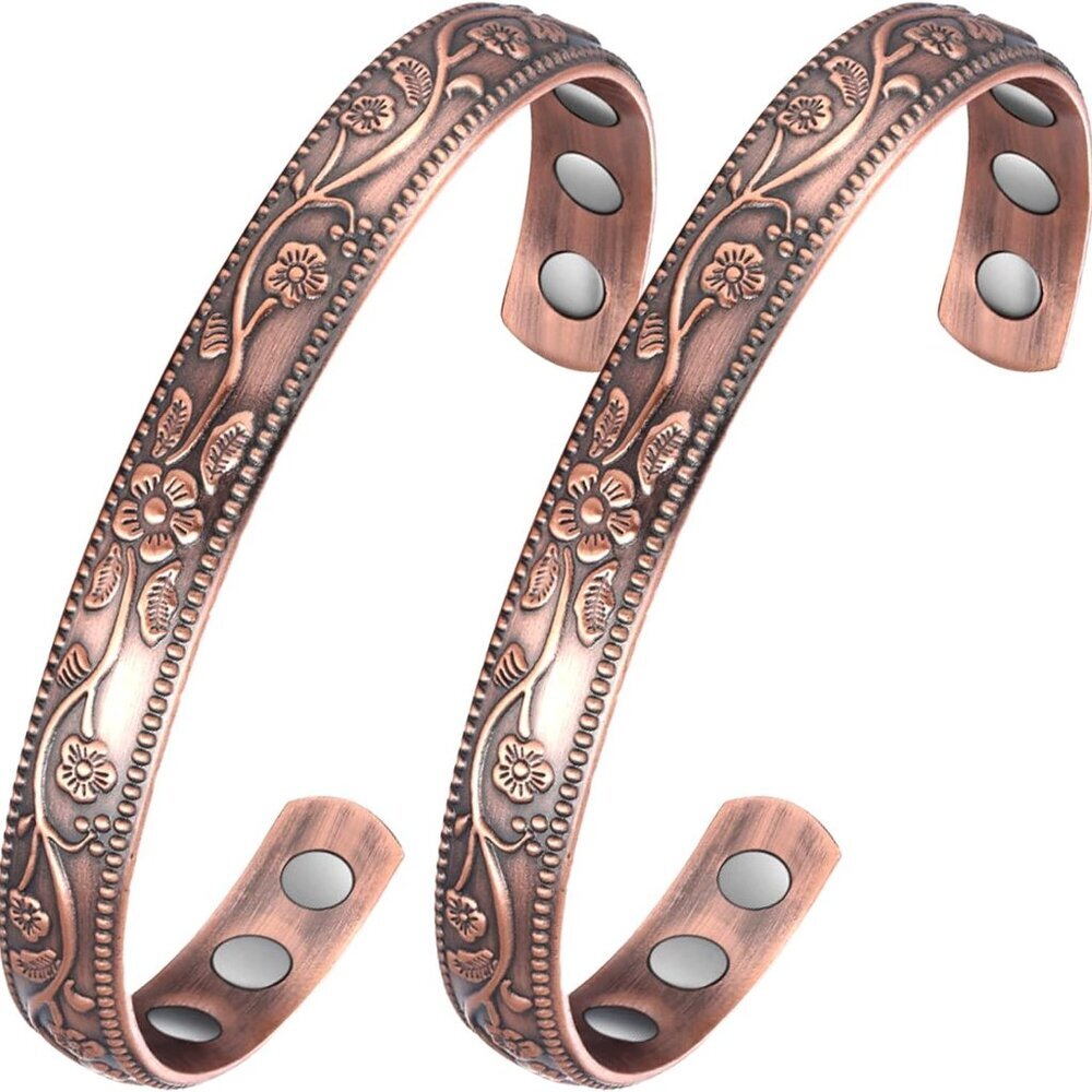 2Pcs Magnetic Copper Bracelets for Women, Vintage Flower 99.99% Pure Copper Brac